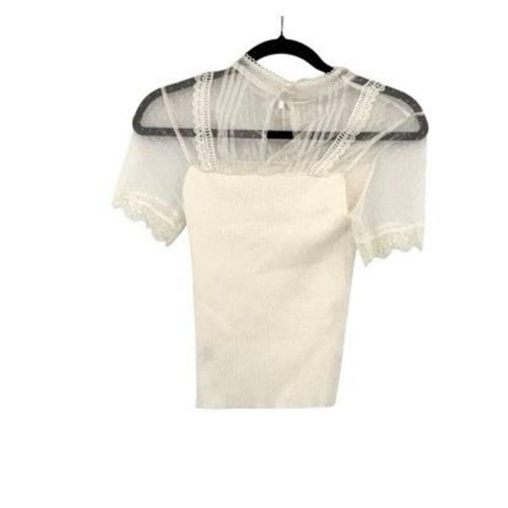 NWT Ete Belle Ribbed Lace Trim Sheer Short Sleeve Blouse White Size M